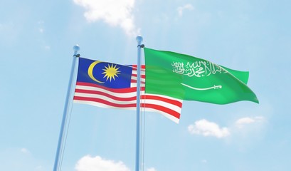 Saudi Arabia and Malaysia, two flags waving against blue sky. 3d image
