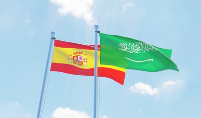 Saudi Arabia and Spain, two flags waving against blue sky. 3d image
