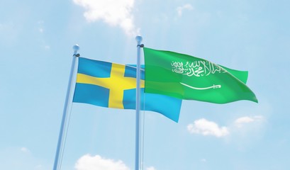 Saudi Arabia and Sweden, two flags waving against blue sky. 3d image