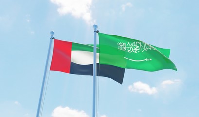 Saudi Arabia and UAE, two flags waving against blue sky. 3d image