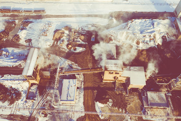 Aerial view over the sandpit. Industrial place in Poland. Photo captured with drone.