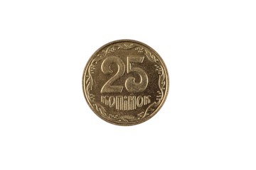 A close up image of a golden twenty five Ukranian kopiyka coin isolated on a white background 