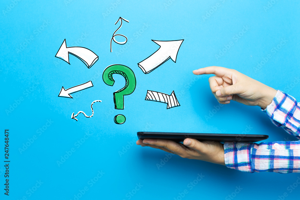 Poster question mark with arrows with a tablet computer on a blue background