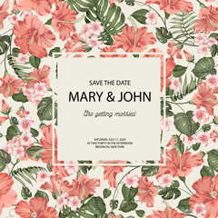 Tropical plumeria and palm leaves background. Awesome invitation card with text block at the center and paradise flowers isolated over gray on the background. Vector illustration.