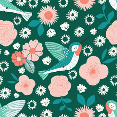 koliber ogród wektor wzór z ptaków i kwiatów na zielonym tle - 247648457