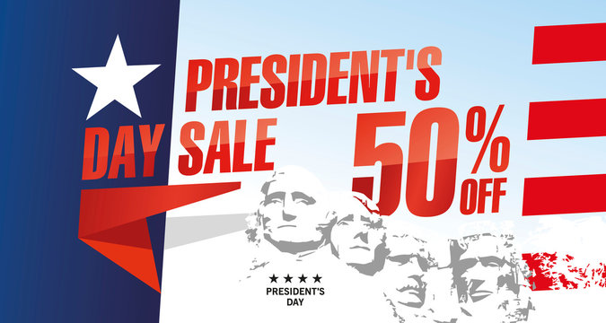 Presidents Day Sale 50 percent discount Rushmore USA abstract flag landscape color background banner
