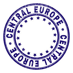 CENTRAL EUROPE stamp seal watermark with grunge style. Designed with circles and stars. Blue vector rubber print of CENTRAL EUROPE title with grunge texture.