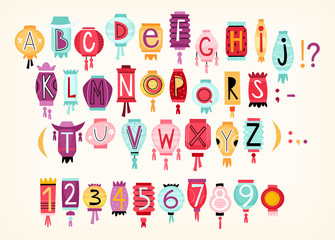 Colorful cartoon vector alphabet with letters and numbers drawn on Chinese paper lanterns. Suitable for creating titles for invitations, greeting posters and cards
