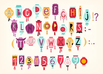 Küchenrückwand glas motiv Alphabet Buntes Cartoon-Vektor-Alphabet mit Buchstaben und Zahlen auf chinesischen Papierlaternen gezeichnet. Geeignet zum Erstellen von Titeln für Einladungen, Grußposter und Karten