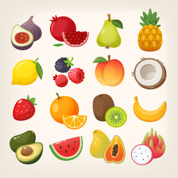 Set of exotic and common fruit icons. Collection of colorful vector images.