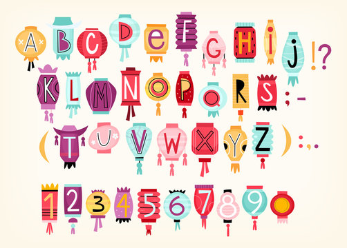 Colorful cartoon vector alphabet with letters and numbers drawn on Chinese paper lanterns. Suitable for creating titles for invitations, greeting posters and cards