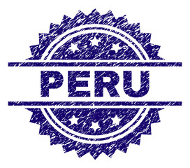 PERU stamp seal watermark with distress style. Blue vector rubber print of PERU caption with dirty texture.