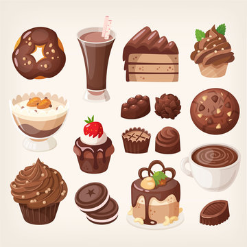Set of delicious sweet chocolate treats and desserts made of chocolate. Vector images of pastry and dough food
