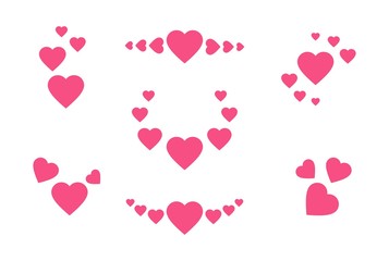 Heart icons set. Symbols of pink hearts in different positions. Vector romantic set for greeting cards isolated on white background.