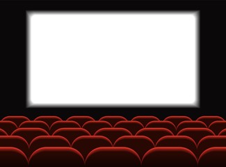 Movie cinema. Cinema hall with seats. Premiere poster design with white screen. Vector background.
