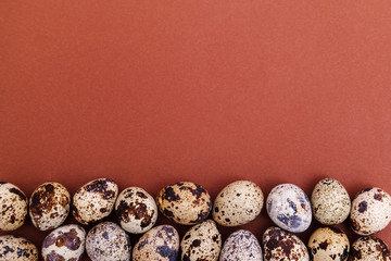 Fototapeta premium Quail eggs on a brown solid background, top view, copy space. Healthy food, Holidays, nature concept. Easter Background
