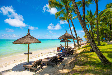 Trou aux biches, Mauritius. Tropical exotic beach with palms trees and clear blue water.