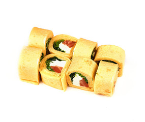 roll with pancake salad, fish and cheese on white background. Japanese food