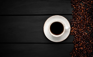 coffee, beans on wooden background