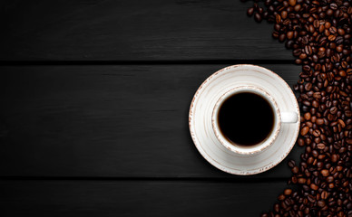 coffee, beans on wooden background