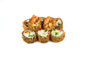 Sushi, hot roll in batter a white background. Japanese food