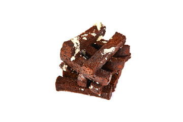 rye bread croutons with garlic isolated on white background with clipping path