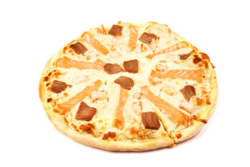 pizza with salmon and salmon fish on white background
