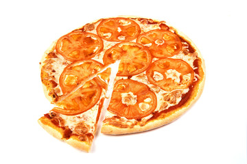 pizza Margherita and a slice on white background