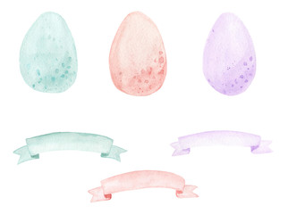 Watercolor set of eggs and ribbons