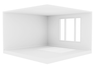 Empty white room with a large window and white walls, ceiling and floor, 3d rendering illustration of interior.