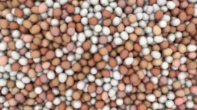 Animated top view and rotating around pile of white and regular eggs on white base and against white background. Full 360 degree spin and loop able.