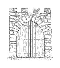 Cartoon doodle drawing illustration of medieval stone decision gate closed by wooden door .