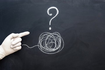 Tangled Tangle and Question Mark Drawn on Chalkboard. Psychotherapy illustration with hands and...