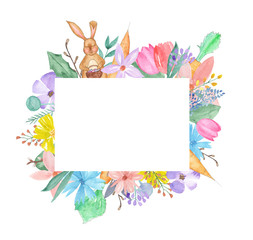 Watercolor frame with rabbit and flowers