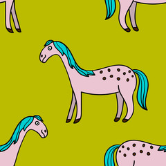 Cute colorful seamless pattern with hand drawn smiling horse with thin line contour isolated on green background. Vector illustration.