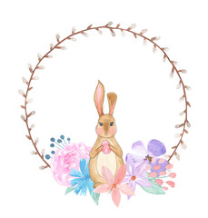 Watercolor willow wreath with rabbit