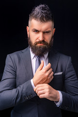 Man suit fashion. Meeting suit. Businessman in dark grey suit. Man in classic suit, shirt and tie....