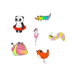 Colorful Cute Cartoon Happy set doodle animal isolated in white background. Cat Dog Hippo Rhino Crocodile. Cute characters for t-shirt printing