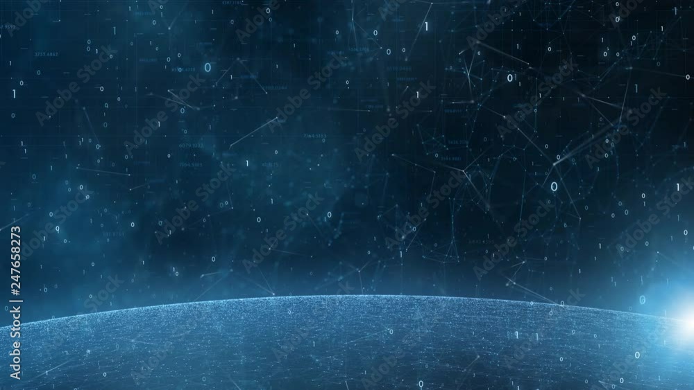 Poster shiny blue artistic world globe with computer binary numbers and lines cyberspace motion background.