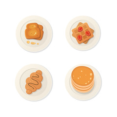 Breakfast dessert fresh food top view. breakfast meal vector set.