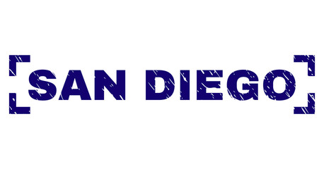 SAN DIEGO text seal imprint with corroded texture. Text caption is placed between corners. Blue vector rubber print of SAN DIEGO with corroded texture.