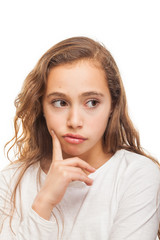 Bored and sad young girl isolated on white background