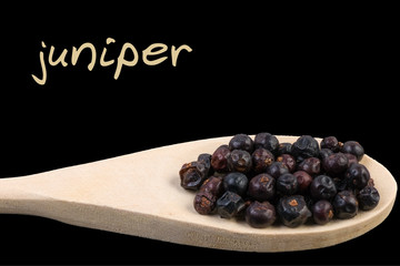 juniper on wooden spoon isolated on black background