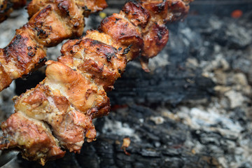 Barbecue.Juicy pieces of meat on skewers