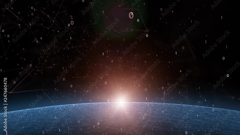 Poster shiny blue artistic world globe with computer binary numbers cyberspace motion background. technolog