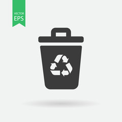 Garbage Trash can Vector Icon. Eco Bio concept, recycling. Flat design illustration isolated on white background. Black sign for web, website
