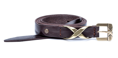 Thin brown rolled belt with gold buckle isolated on white background