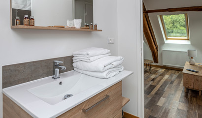 View of a Modern bathroom with white ceramic bath tub