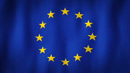 European Union flag waving in the wind. Closeup of realistic EU flag with highly detailed fabric texture