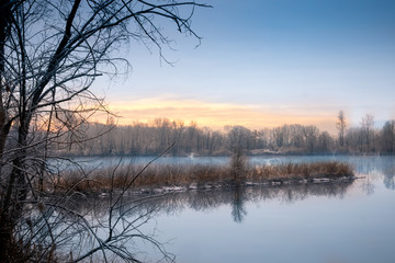 Naklejka na ściany i meble trees and lake in winter